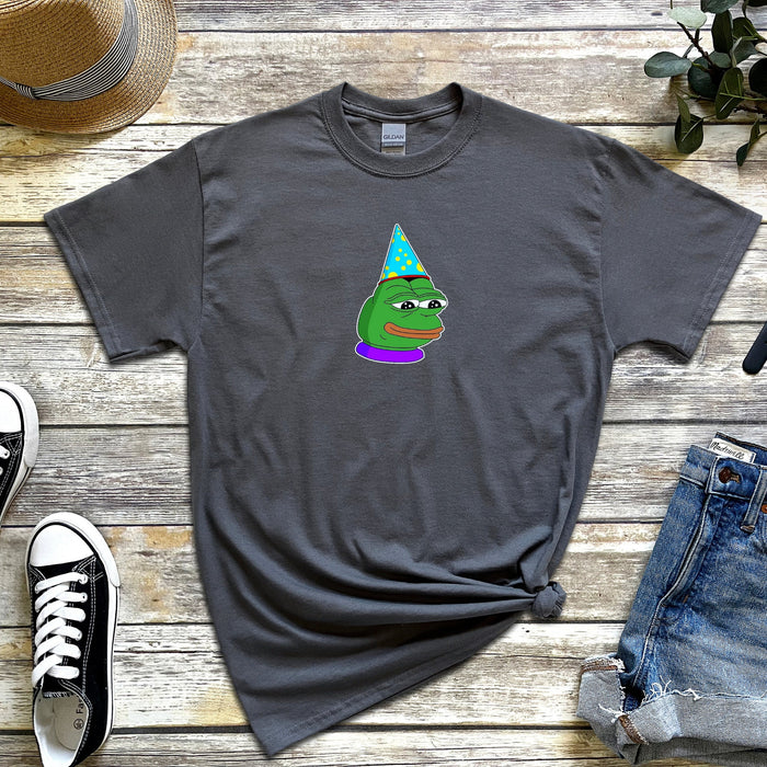 Birthday Hat Pepe the Frog T-Shirt | Feels Bad Man Party Hat Frog Meme Kermit Sad 4Chan Toad for Teens and Adults VR Viral Shirt for Guys