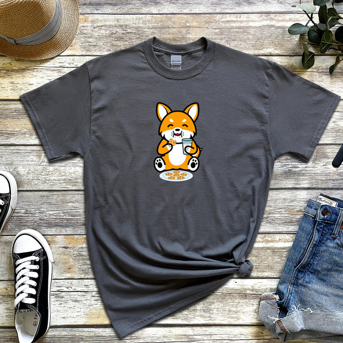 Dog Eating Cookies with Milk T-Shirt | Funny Cute Puppy Harajuku Japanese Streetwear Chibi Anime Cartoon Shiba Inu Corgi Puppy Retriever