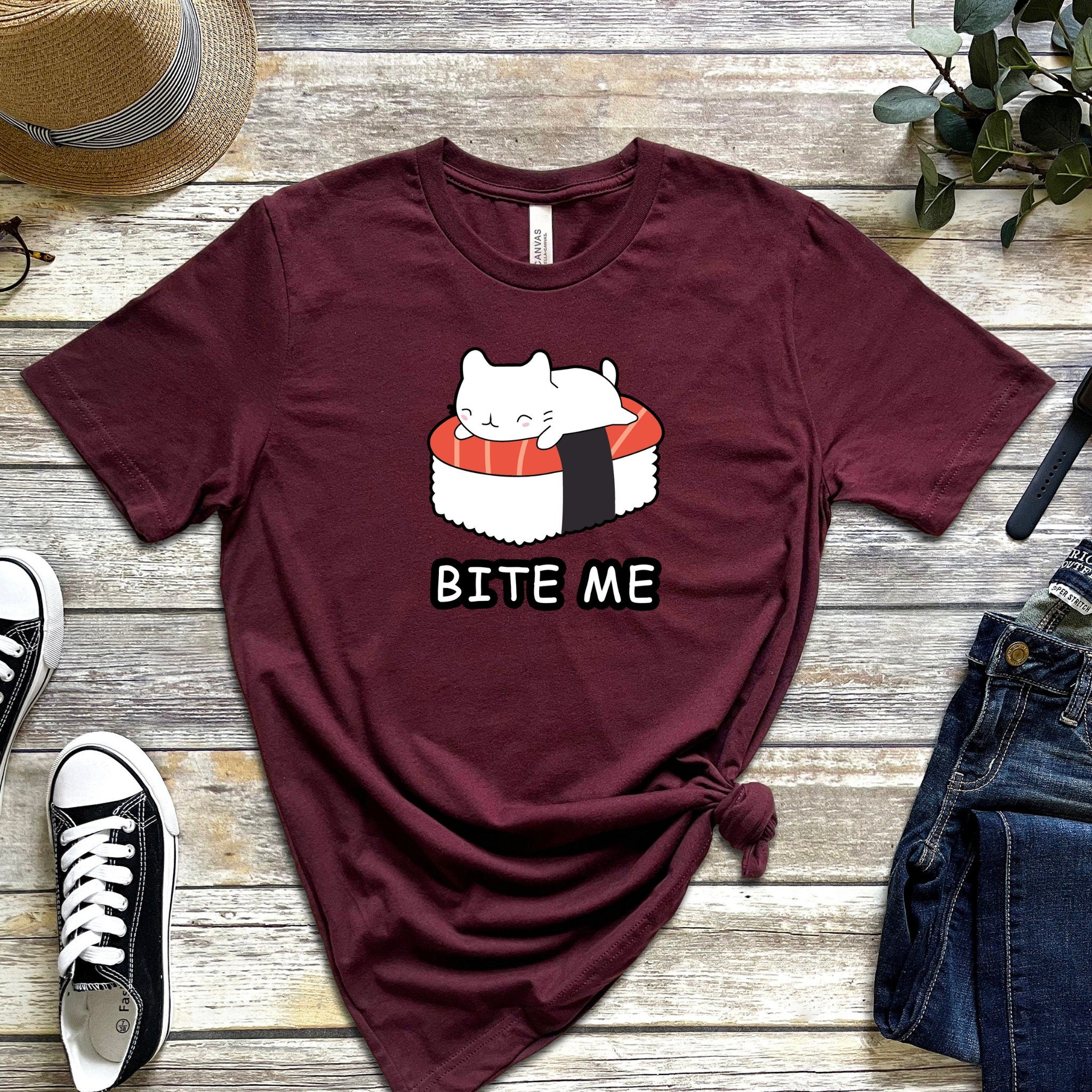 Bite Me White Kitten on Sushi Bed T-Shirt