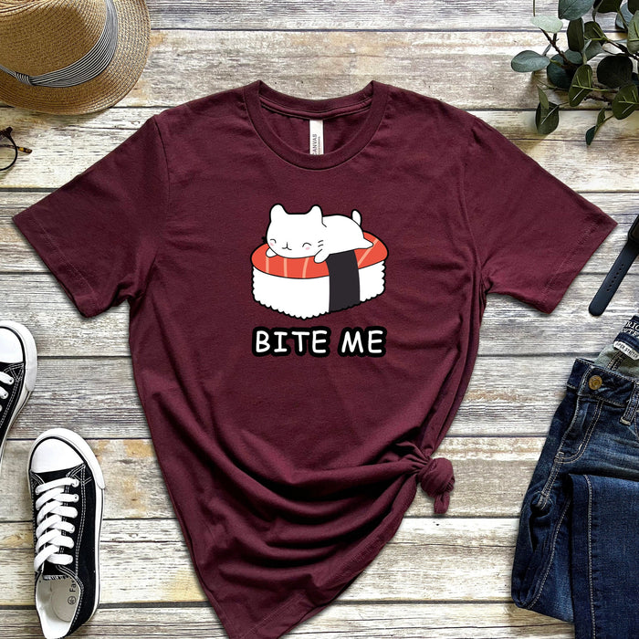 Bite Me White Kitten on Sushi Bed T-Shirt