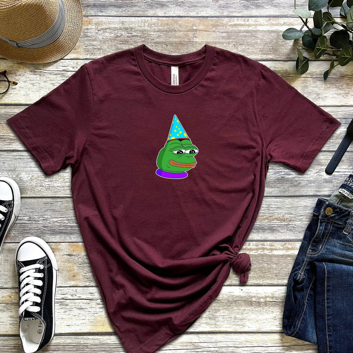 Birthday Hat Pepe the Frog T-Shirt | Feels Bad Man Party Hat Frog Meme Kermit Sad 4Chan Toad for Teens and Adults VR Viral Shirt for Guys