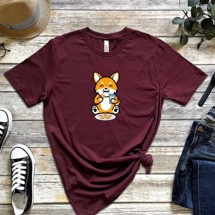 Dog Eating Cookies with Milk T-Shirt | Funny Cute Puppy Harajuku Japanese Streetwear Chibi Anime Cartoon Shiba Inu Corgi Puppy Retriever