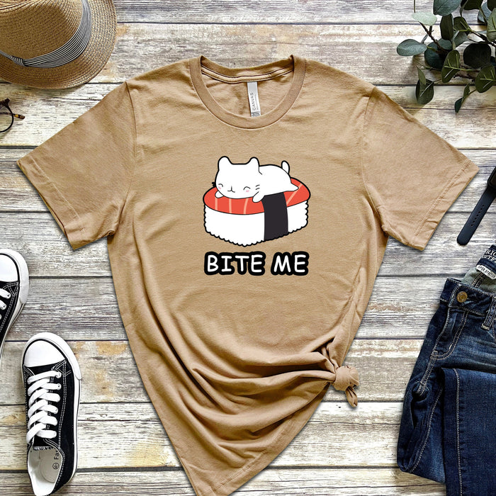 Bite Me White Kitten on Sushi Bed T-Shirt