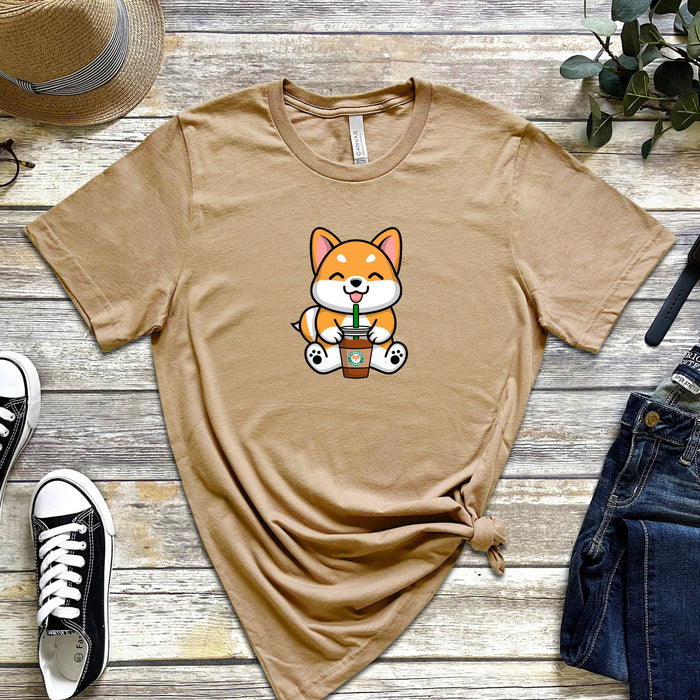 Puppy with Coffee T-Shirt | Starbucks Cappuccino Frappe Boba Tea Bubble Tea Pup Cup Japanese Chili Streetwear Anime Cartoon