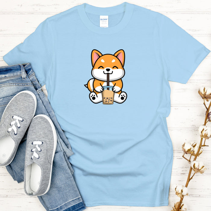 Puppy Drinking Boba Tea T-Shirt | Corgi Dog Puppy Cute Kawaii Popping Boba Taro Tapioca Asian Japanese Anime Starbucks Bubble Tea Coffee