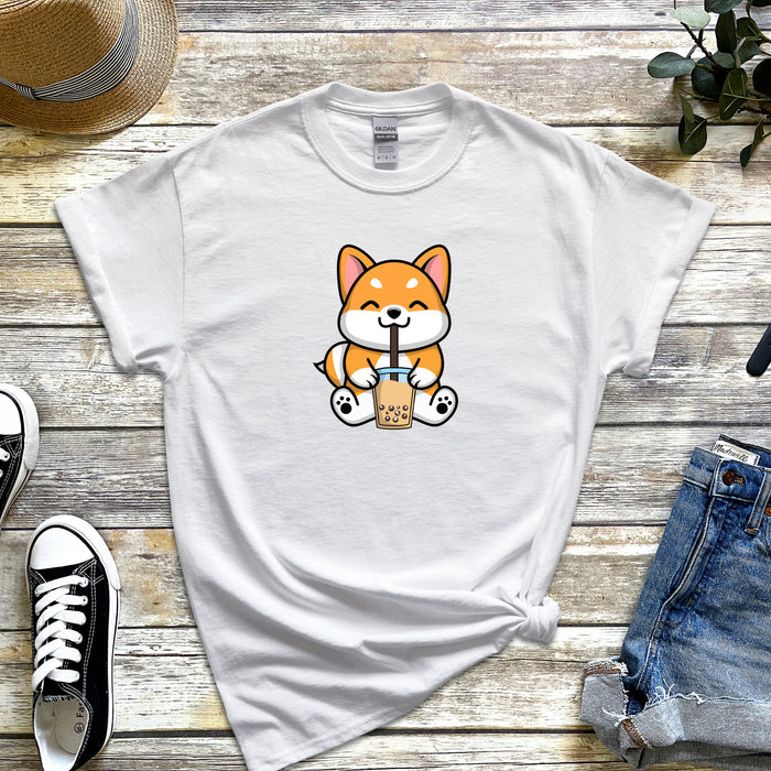 Puppy Drinking Boba Tea T-Shirt | Corgi Dog Puppy Cute Kawaii Popping Boba Taro Tapioca Asian Japanese Anime Starbucks Bubble Tea Coffee