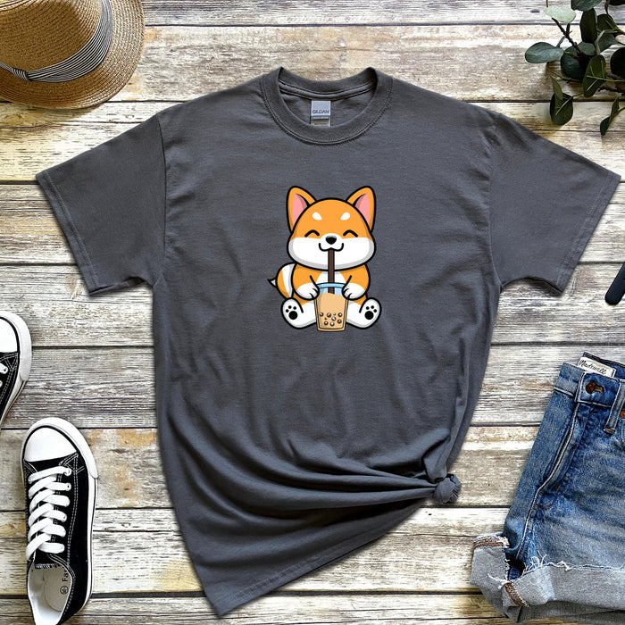 Puppy Drinking Boba Tea T-Shirt | Corgi Dog Puppy Cute Kawaii Popping Boba Taro Tapioca Asian Japanese Anime Starbucks Bubble Tea Coffee