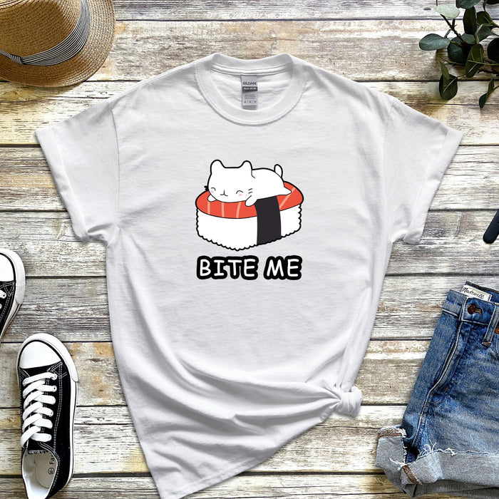 Bite Me White Kitten on Sushi Bed T-Shirt