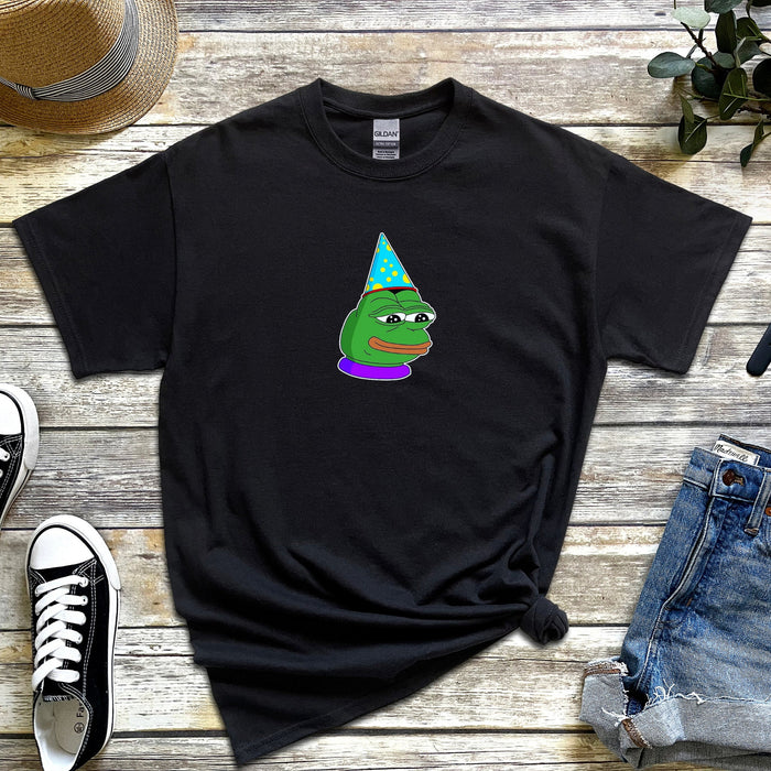 Birthday Hat Pepe the Frog T-Shirt | Feels Bad Man Party Hat Frog Meme Kermit Sad 4Chan Toad for Teens and Adults VR Viral Shirt for Guys