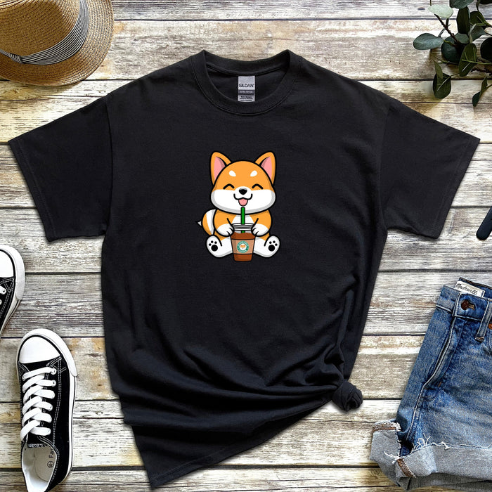 Puppy with Coffee T-Shirt | Starbucks Cappuccino Frappe Boba Tea Bubble Tea Pup Cup Japanese Chili Streetwear Anime Cartoon