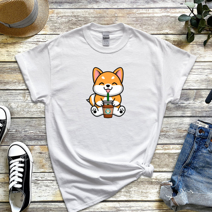 Puppy with Coffee T-Shirt | Starbucks Cappuccino Frappe Boba Tea Bubble Tea Pup Cup Japanese Chili Streetwear Anime Cartoon