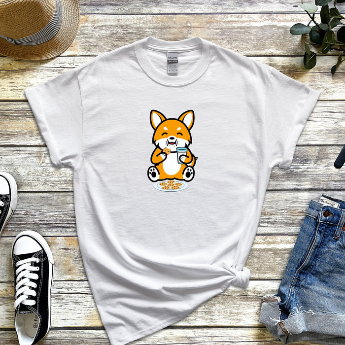 Dog Eating Cookies with Milk T-Shirt | Funny Cute Puppy Harajuku Japanese Streetwear Chibi Anime Cartoon Shiba Inu Corgi Puppy Retriever