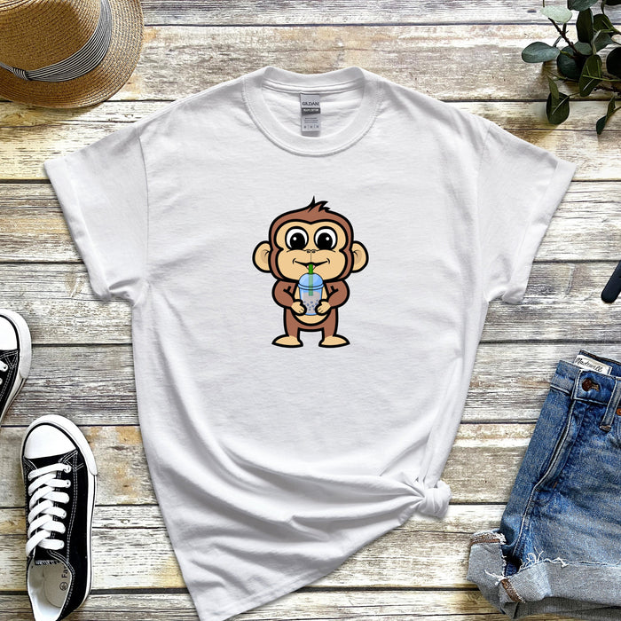 Monkey Drinking Boba Tea T-Shirt | Funny Japanese Streetwear Anime Animal Clothing Apparel Harajuku Bubble Tea Starbucks Coffee Frappe