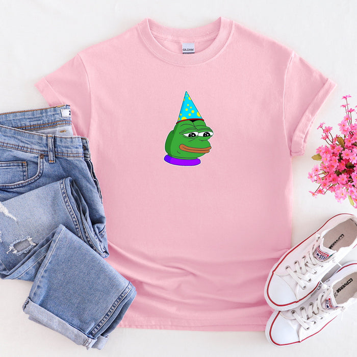 Birthday Hat Pepe the Frog T-Shirt | Feels Bad Man Party Hat Frog Meme Kermit Sad 4Chan Toad for Teens and Adults VR Viral Shirt for Guys