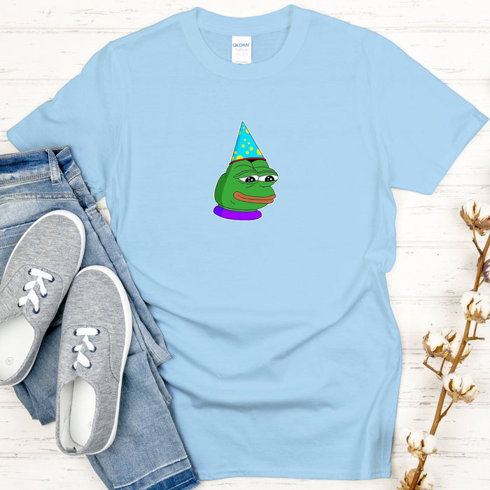 Birthday Hat Pepe the Frog T-Shirt | Feels Bad Man Party Hat Frog Meme Kermit Sad 4Chan Toad for Teens and Adults VR Viral Shirt for Guys