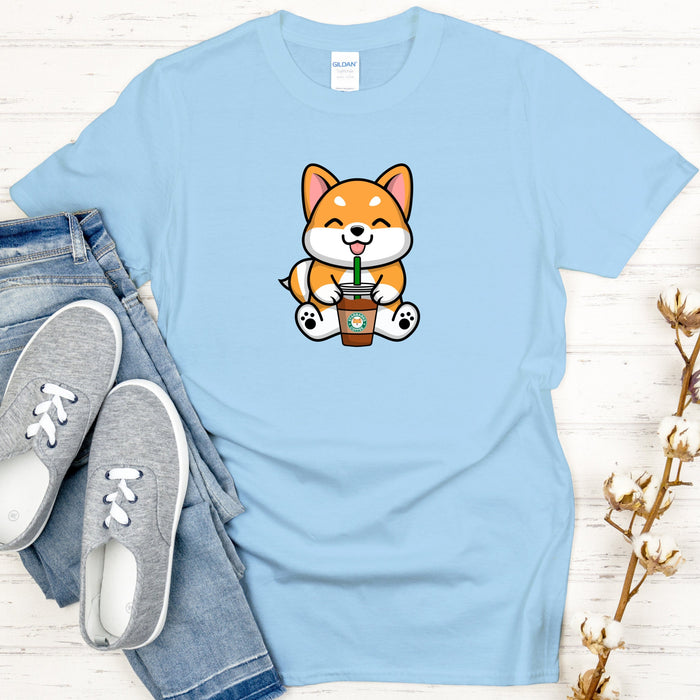 Puppy with Coffee T-Shirt | Starbucks Cappuccino Frappe Boba Tea Bubble Tea Pup Cup Japanese Chili Streetwear Anime Cartoon