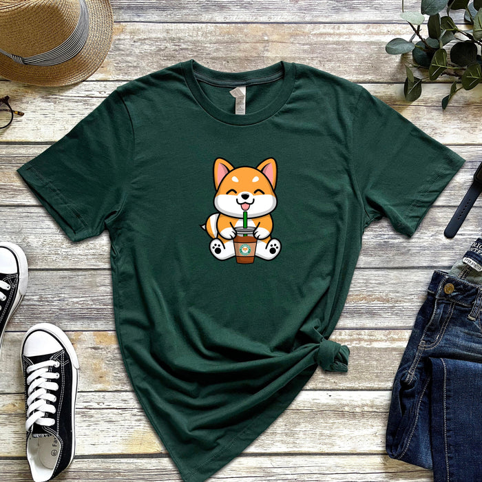 Puppy with Coffee T-Shirt | Starbucks Cappuccino Frappe Boba Tea Bubble Tea Pup Cup Japanese Chili Streetwear Anime Cartoon