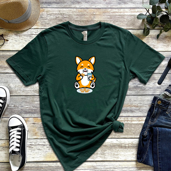 Dog Eating Cookies with Milk T-Shirt | Funny Cute Puppy Harajuku Japanese Streetwear Chibi Anime Cartoon Shiba Inu Corgi Puppy Retriever