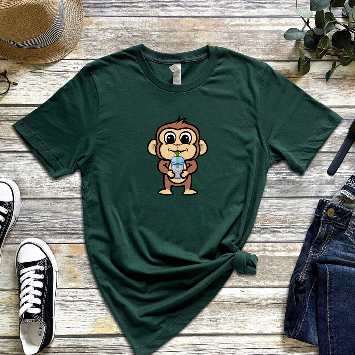 Monkey Drinking Boba Tea T-Shirt | Funny Japanese Streetwear Anime Animal Clothing Apparel Harajuku Bubble Tea Starbucks Coffee Frappe