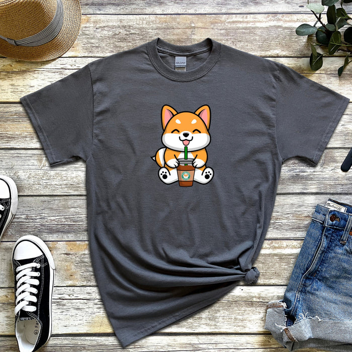 Puppy with Coffee T-Shirt | Starbucks Cappuccino Frappe Boba Tea Bubble Tea Pup Cup Japanese Chili Streetwear Anime Cartoon