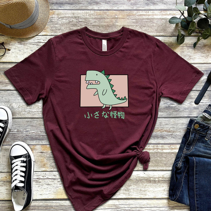 Crooked Toothed T-Rex T-Shirt | Japanese Text reading, "Little Monster" Japanese Streetwear Anime Reptar Dinosaur Dino