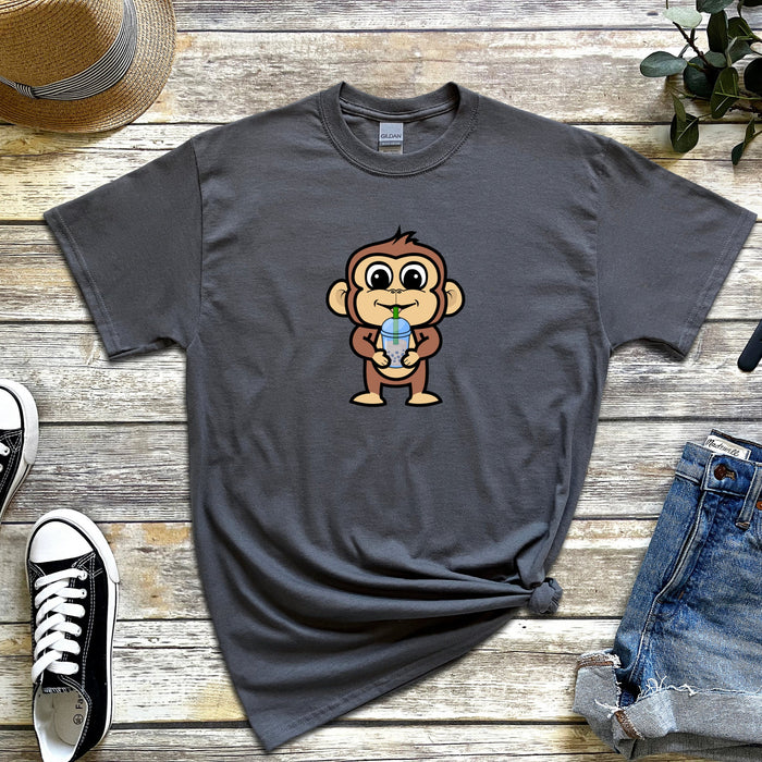 Monkey Drinking Boba Tea T-Shirt | Funny Japanese Streetwear Anime Animal Clothing Apparel Harajuku Bubble Tea Starbucks Coffee Frappe