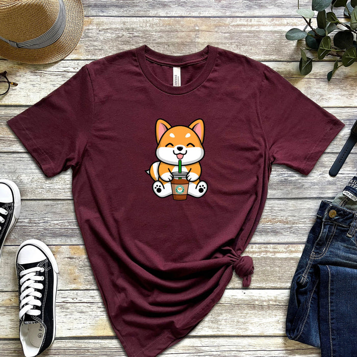 Puppy with Coffee T-Shirt | Starbucks Cappuccino Frappe Boba Tea Bubble Tea Pup Cup Japanese Chili Streetwear Anime Cartoon