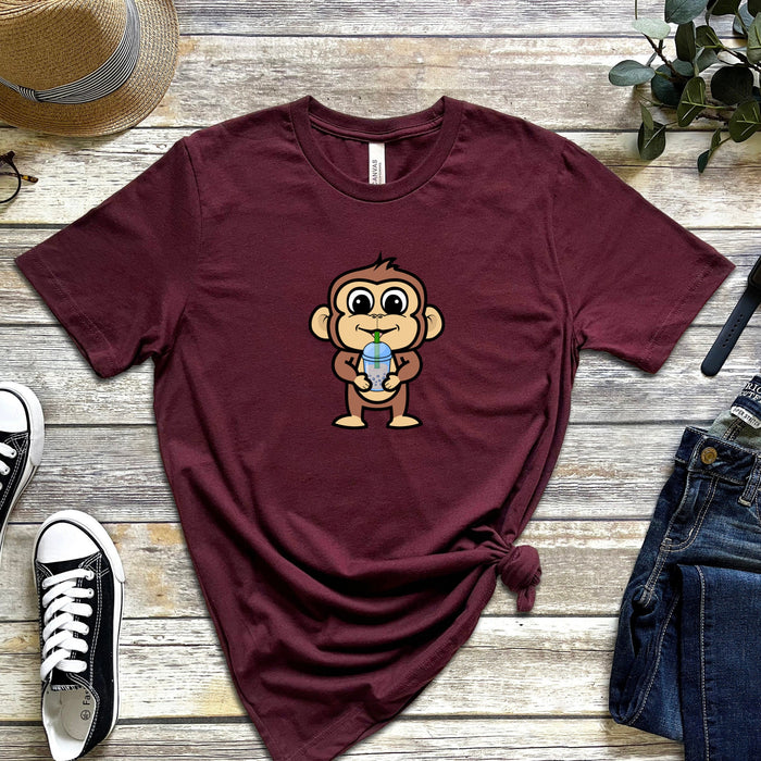 Monkey Drinking Boba Tea T-Shirt | Funny Japanese Streetwear Anime Animal Clothing Apparel Harajuku Bubble Tea Starbucks Coffee Frappe