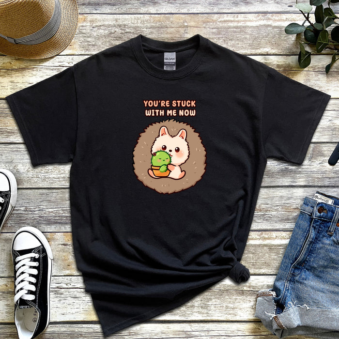 Porcupine and Succulent Cactus Couple "You're Stuck with Me Now" T-Shirt