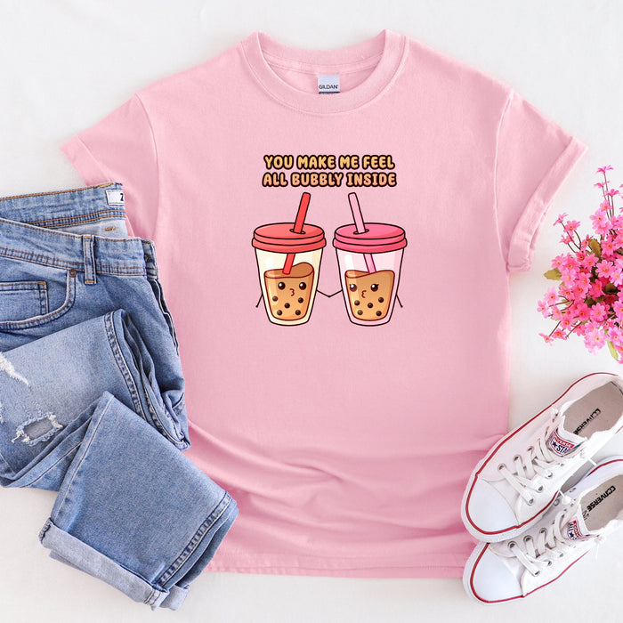 Boba Tea Couple T-Shirt | "You Make Me Feel All Bubbly Inside" Cute Holiday Gift Valentine's Day Boyfriend Girlfriend Husband Wife Matching