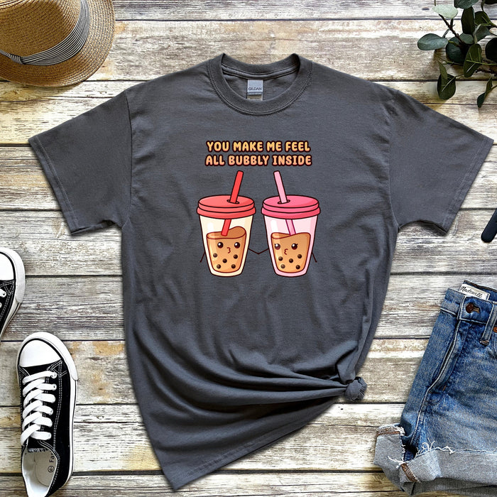 Boba Tea Couple T-Shirt | "You Make Me Feel All Bubbly Inside" Cute Holiday Gift Valentine's Day Boyfriend Girlfriend Husband Wife Matching