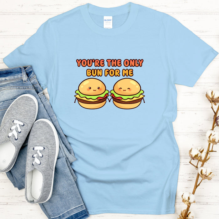 Hamburger Couple T-Shirt | "You're the Only Bun for Me" Cute Couple T-Rex Holiday Gift Valentine's Day Boyfriend Girlfriend Husband Wife