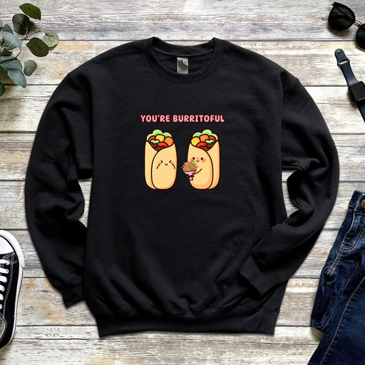 a black sweatshirt with two burritos on it