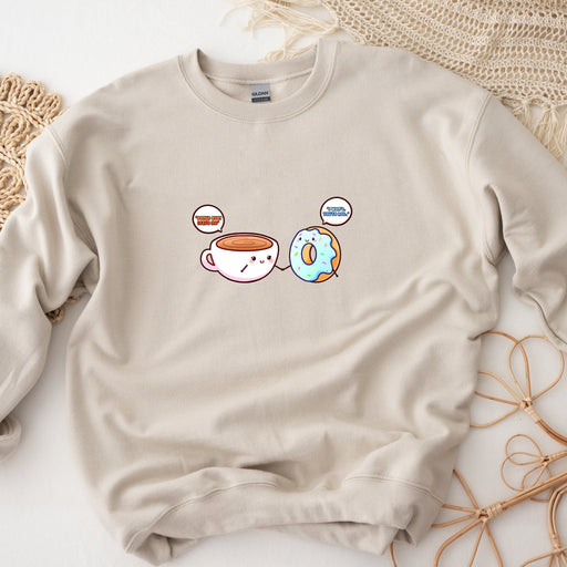 a sweatshirt with a picture of coffee and donuts on it