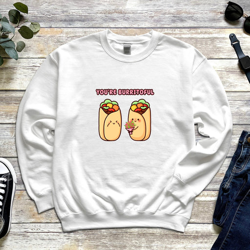 a white sweatshirt with two burritos on it