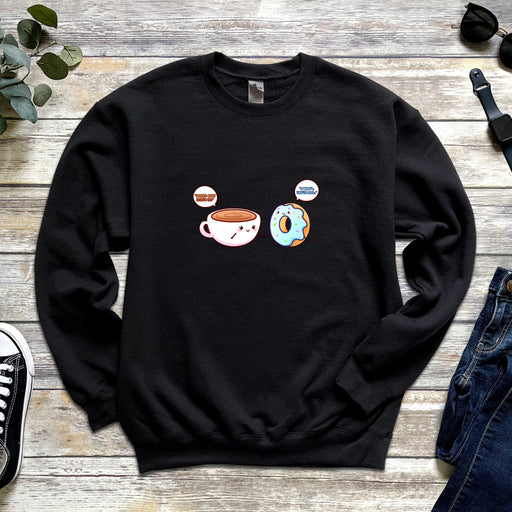 a black sweatshirt with coffee and donuts on it