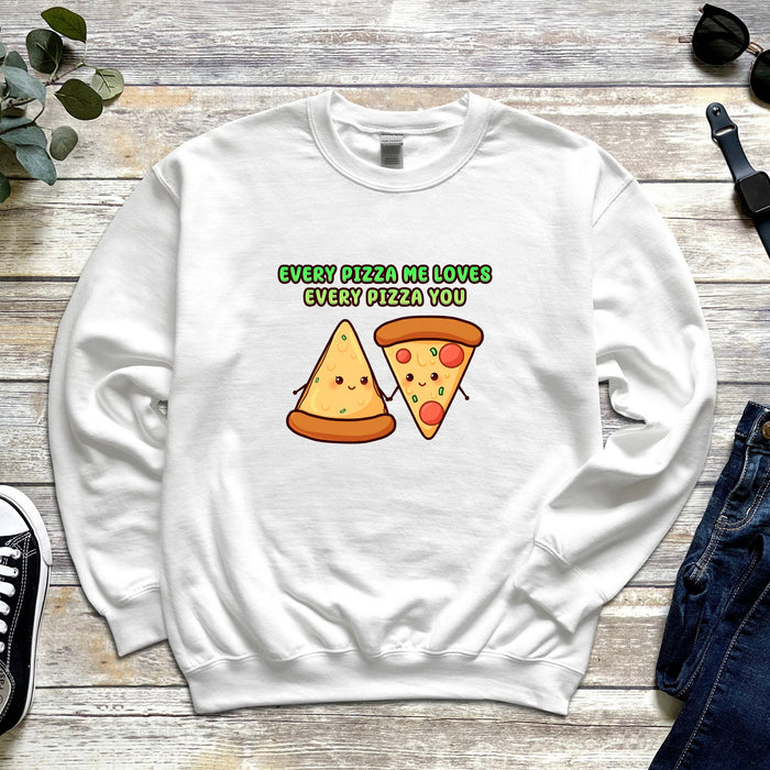 a white sweatshirt with pizza slices on it