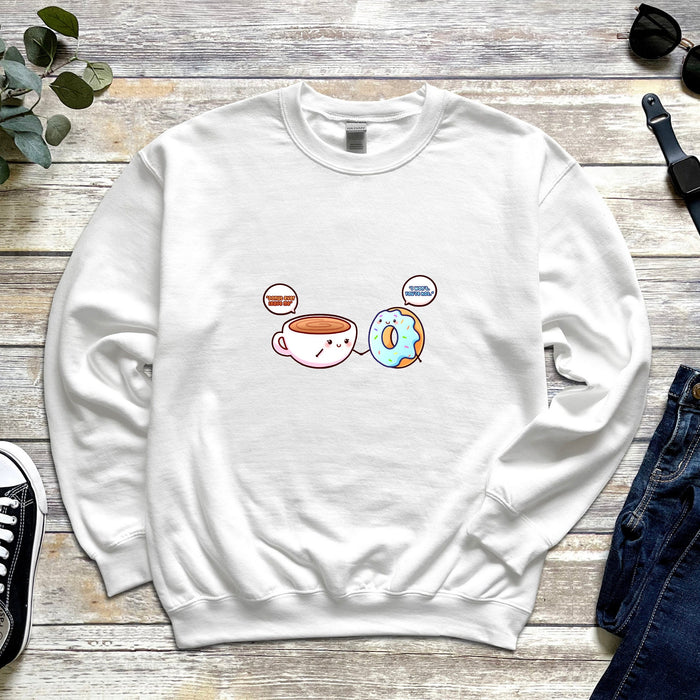 a white sweatshirt with coffee and donuts on it