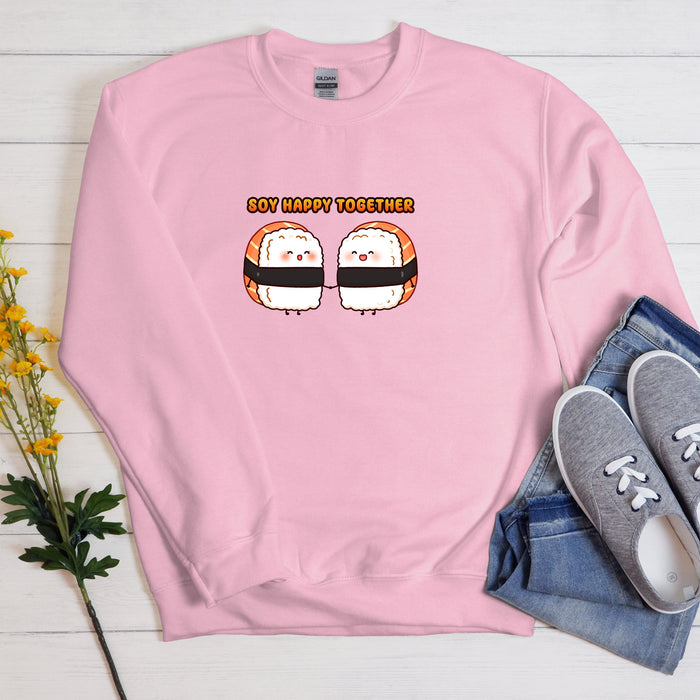 a pink sweatshirt with two sushi on it