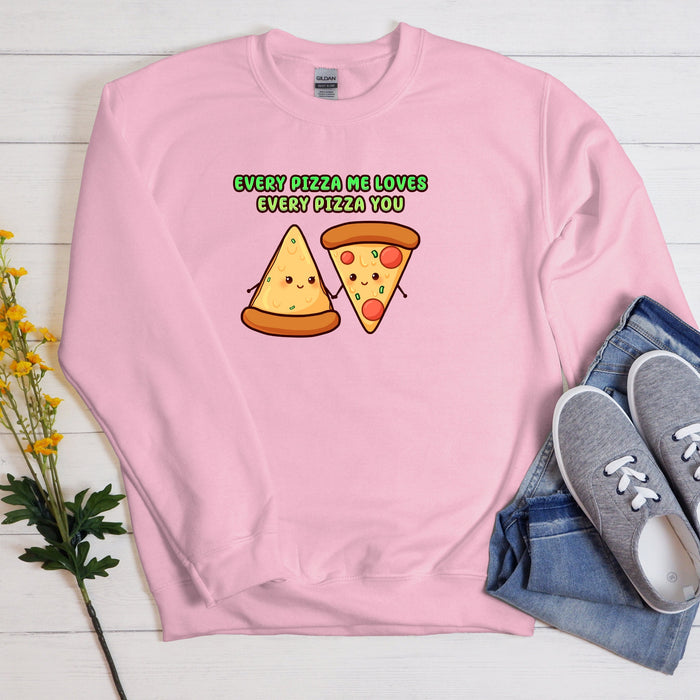 a pink sweatshirt with a pizza and a slice of pizza on it