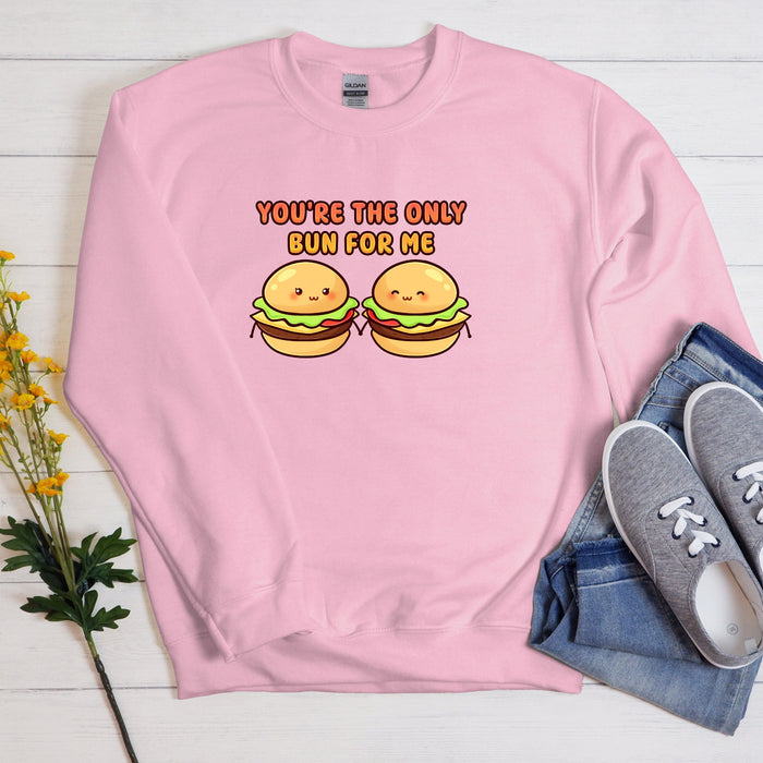 a pink sweatshirt with two hamburgers saying you&#39;re the only bun for me