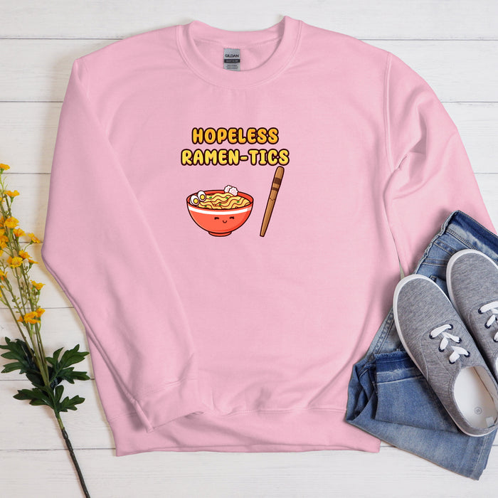 a pink sweatshirt with a bowl of ramen on it