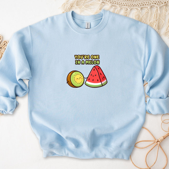 a blue sweatshirt with a watermelon and kiwi on it