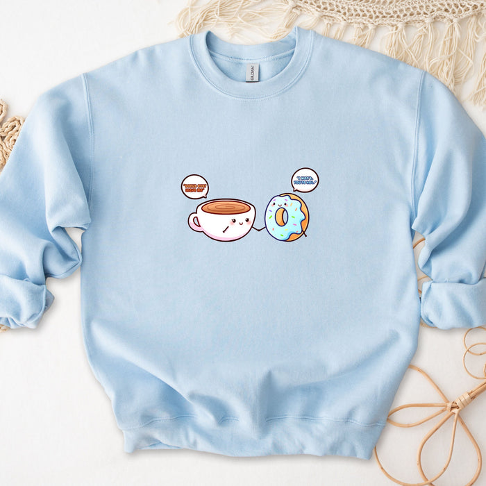 a blue sweatshirt with a picture of coffee and donuts on it