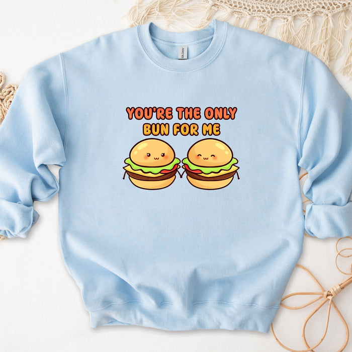 a blue sweatshirt with two hamburgers saying you&#39;re the only bun for me