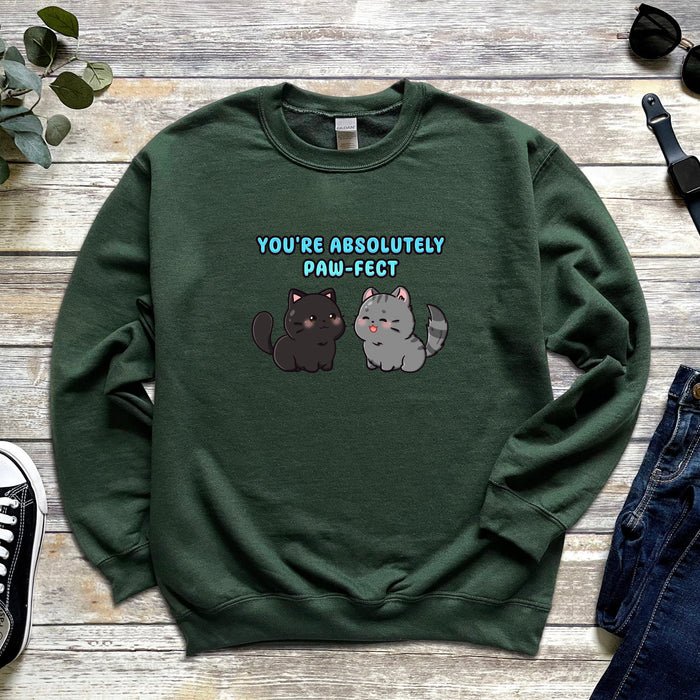 a green sweatshirt with two cats saying you&#39;re absolutely paw - fect