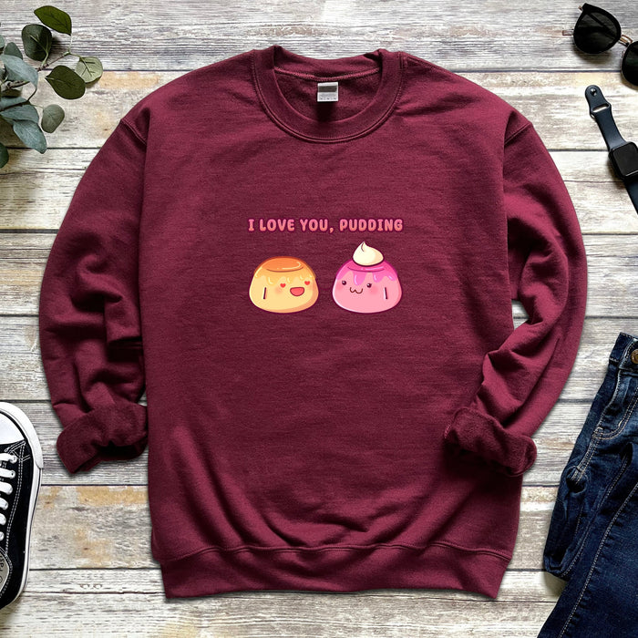 a red sweatshirt with two donuts on it and the words i love you,
