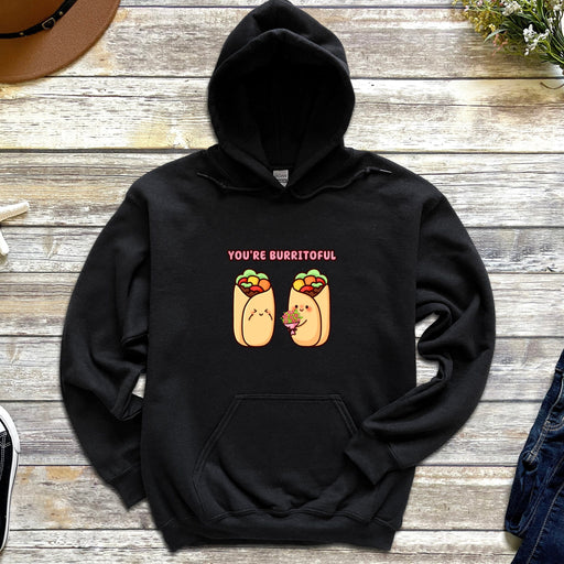 a black hoodie with two burritos on it