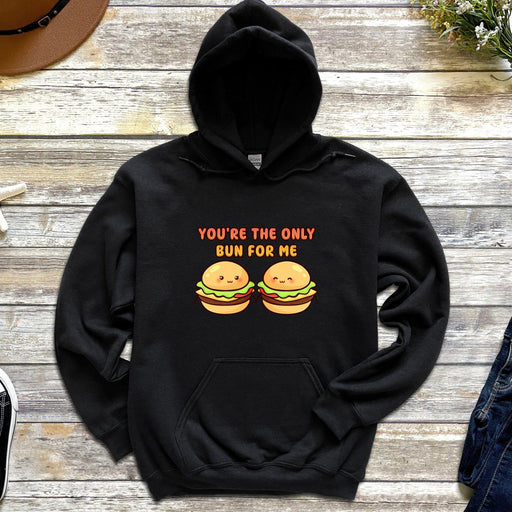 a black hoodie with two hamburgers saying you&#39;re the only bun for