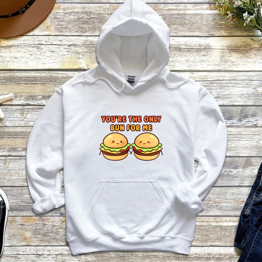 a white hoodie with two hamburgers on it